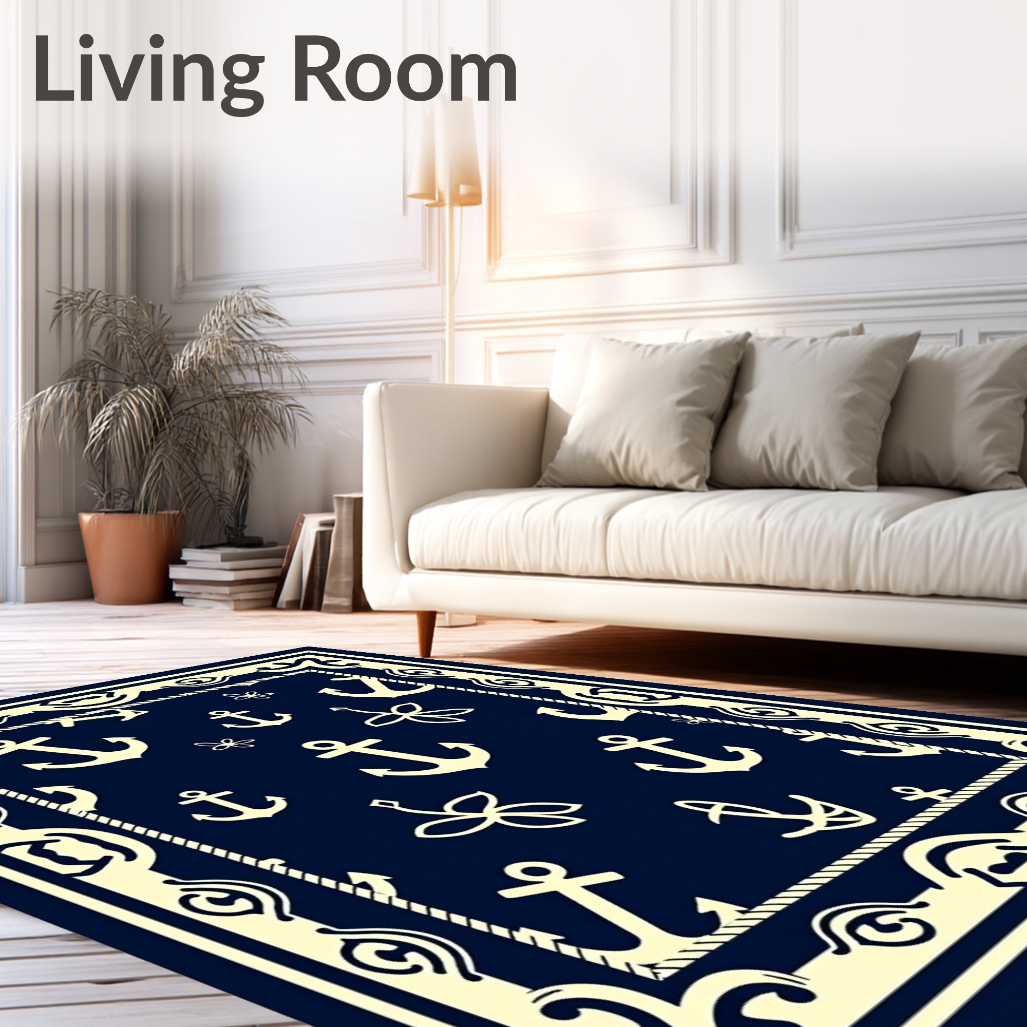 Navy Anchor And Leaf Border Rug