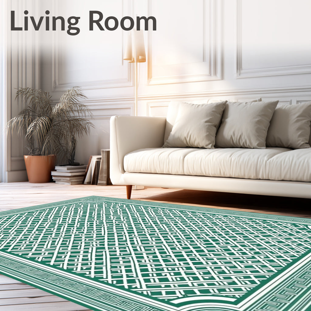 Deep Green Interlocking Lattice Border Rug