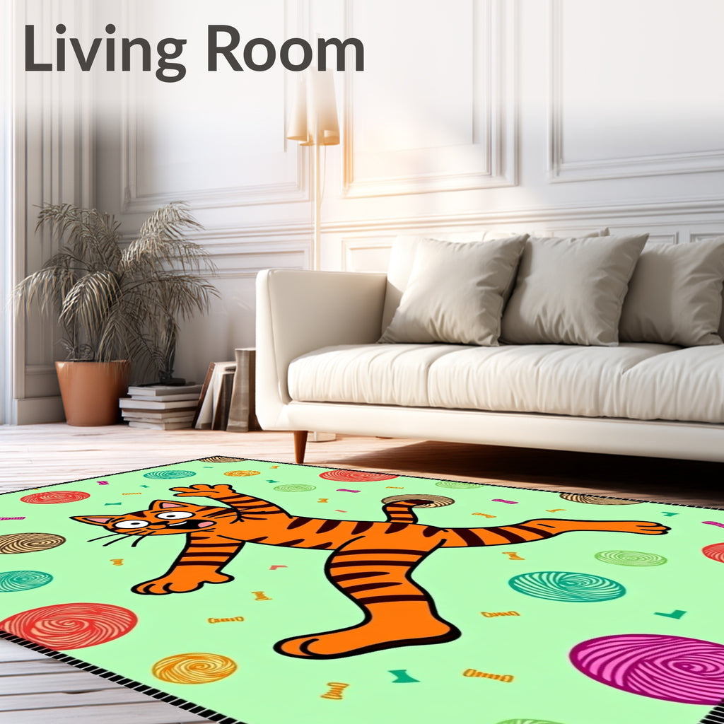 Playful Orange Cat Yarn Balls Rug
