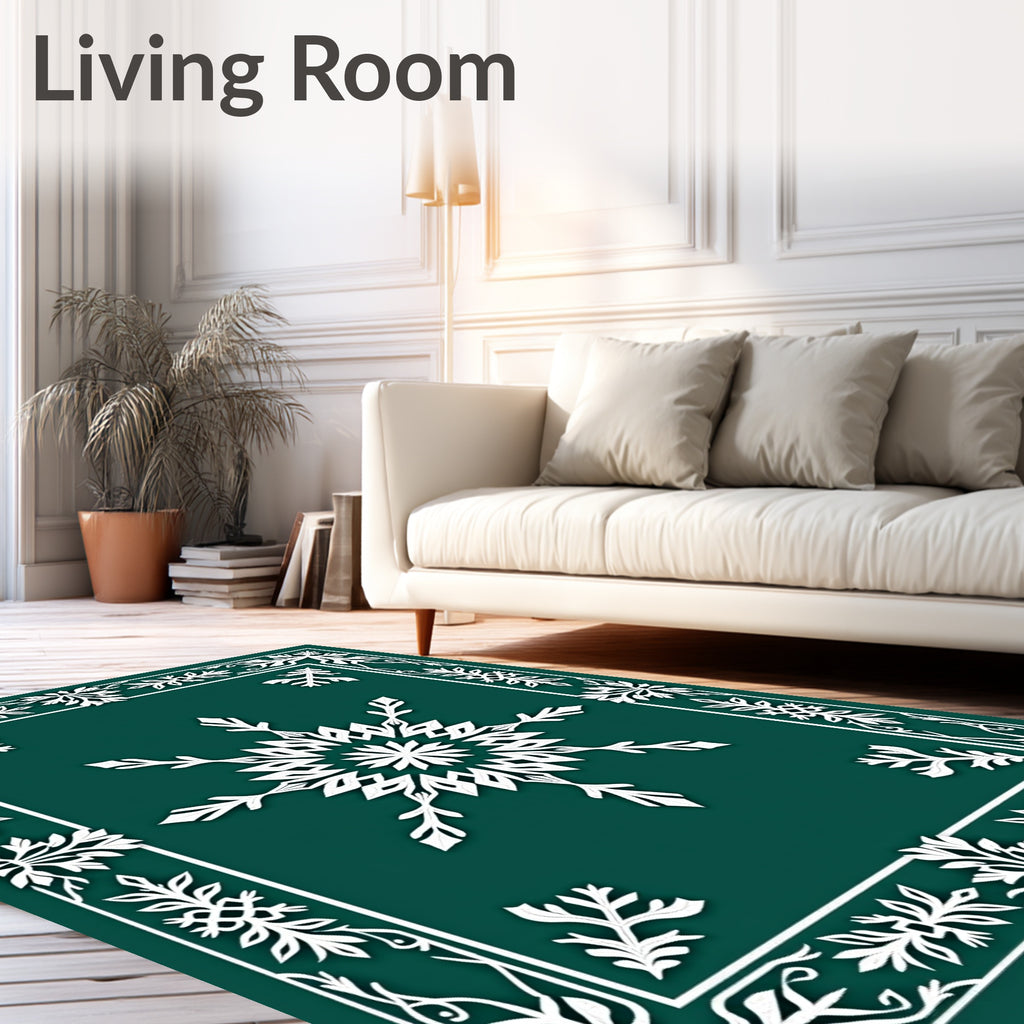Deep Teal White Snowflake Floral Frame Rug