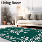 Deep Teal White Snowflake Floral Frame Rug