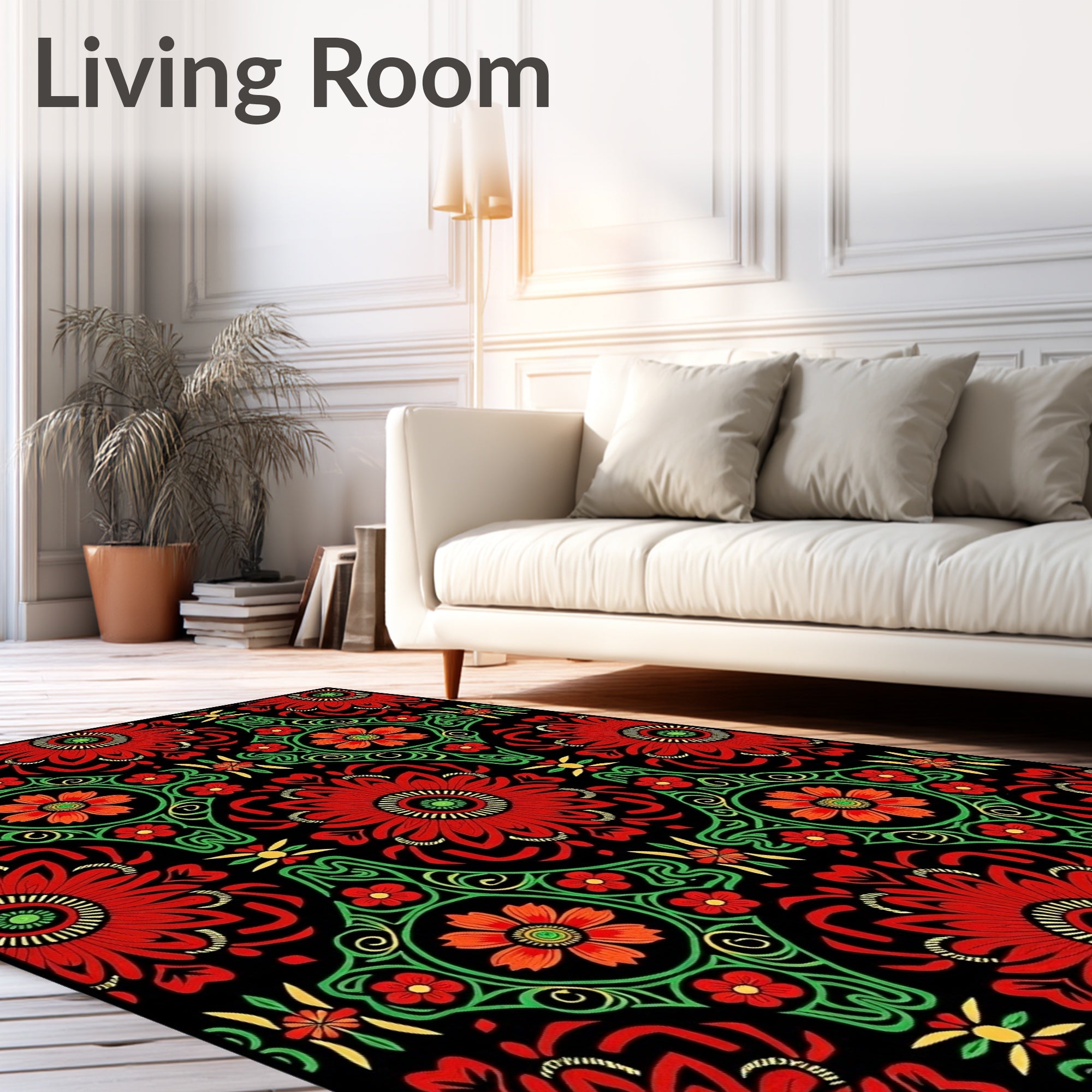 Bold Red Black Floral Lace Imprint Rug