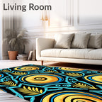 Golden Blue Swirl Floral Lattice Rug