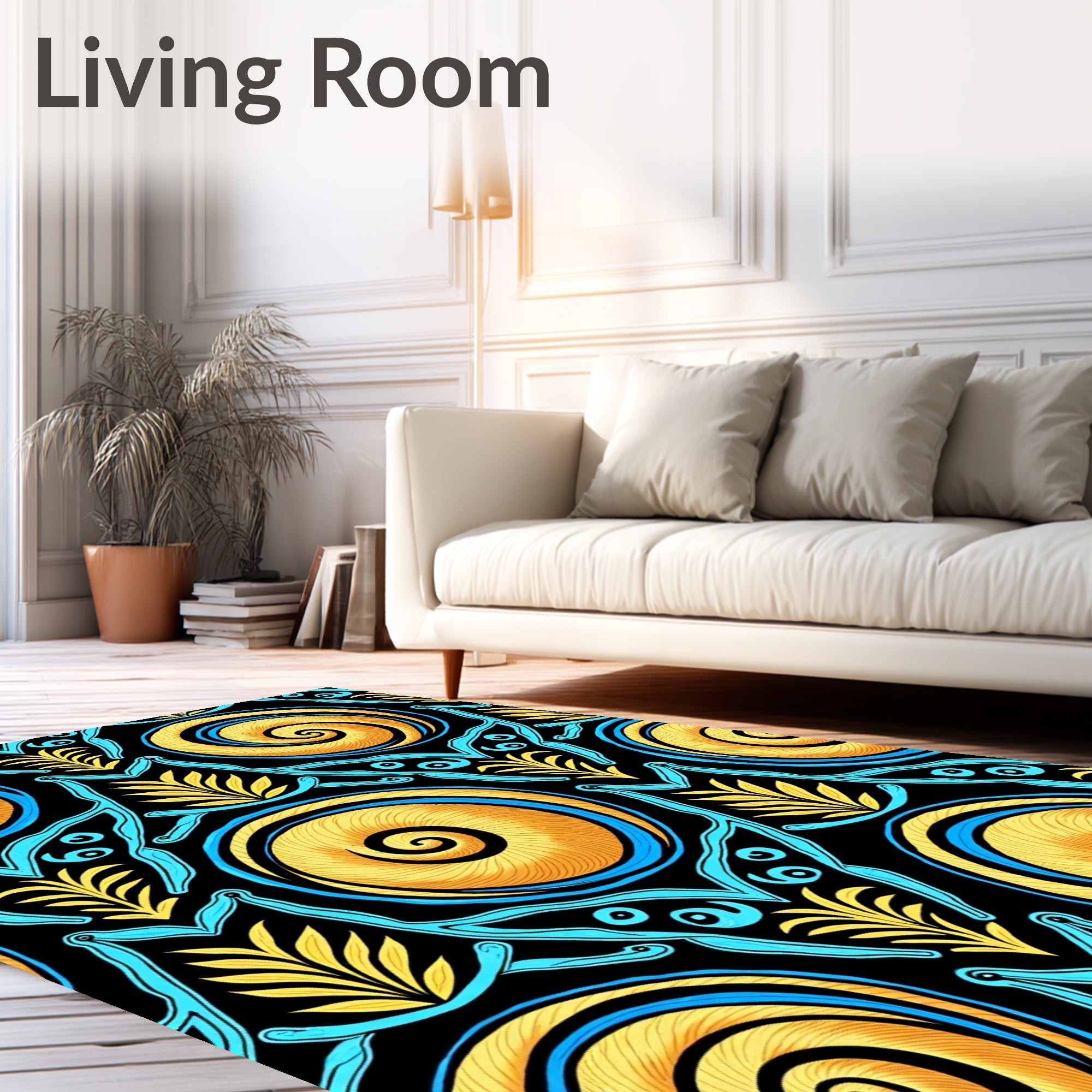Golden Blue Swirl Floral Lattice Rug