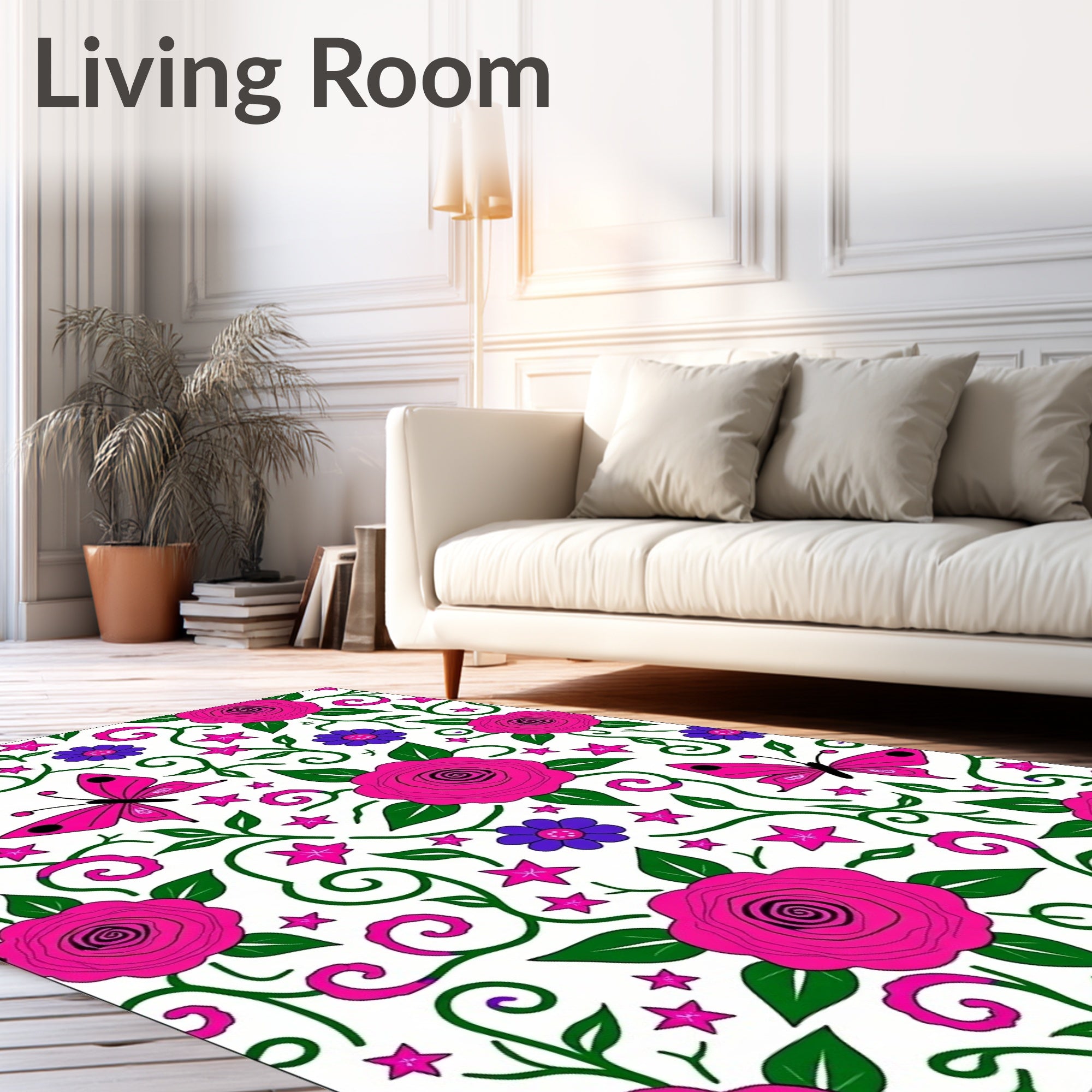 Pink Rose Butterfly Garden Swirl Rug