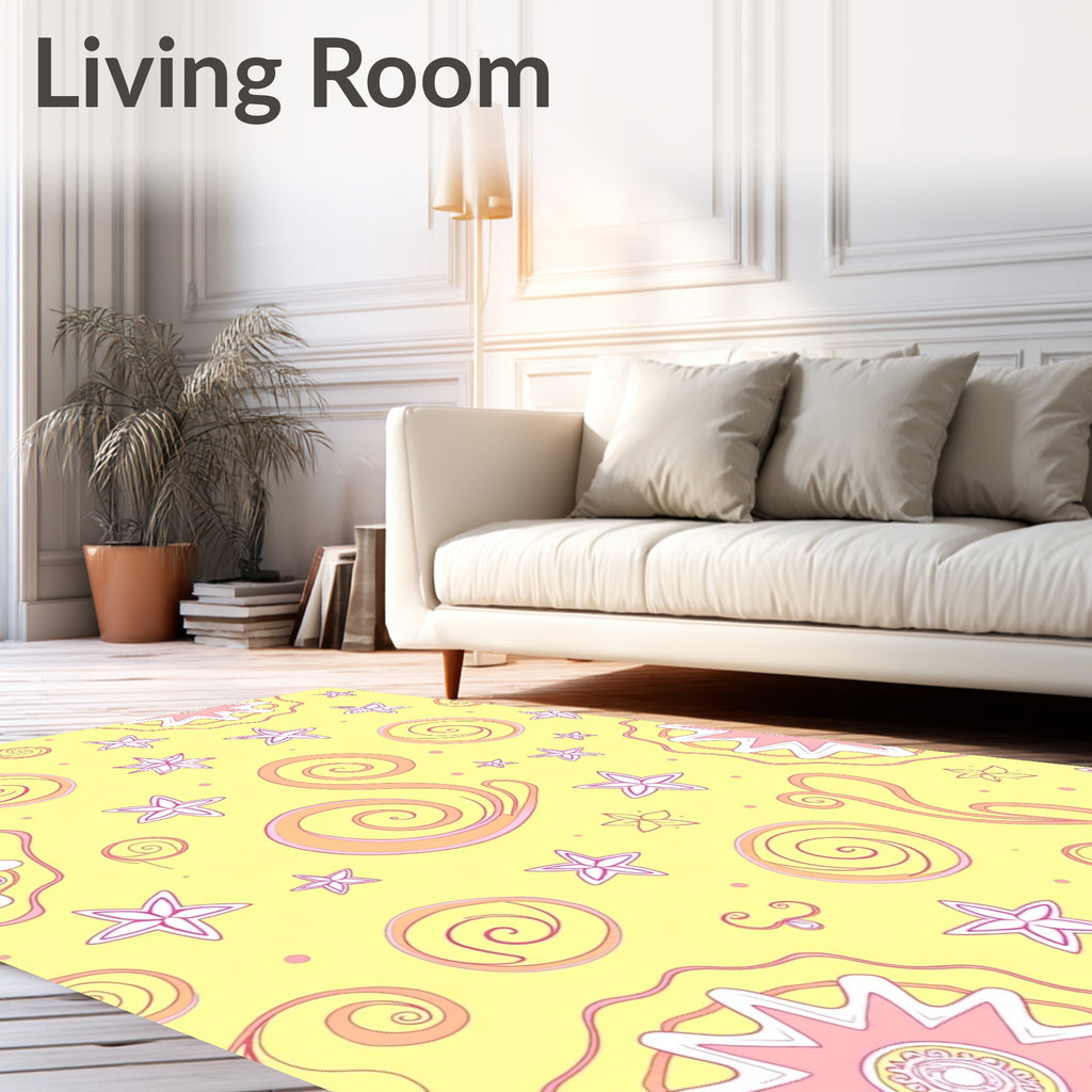 Whimsical Yellow Star Swirl Medallion Rug