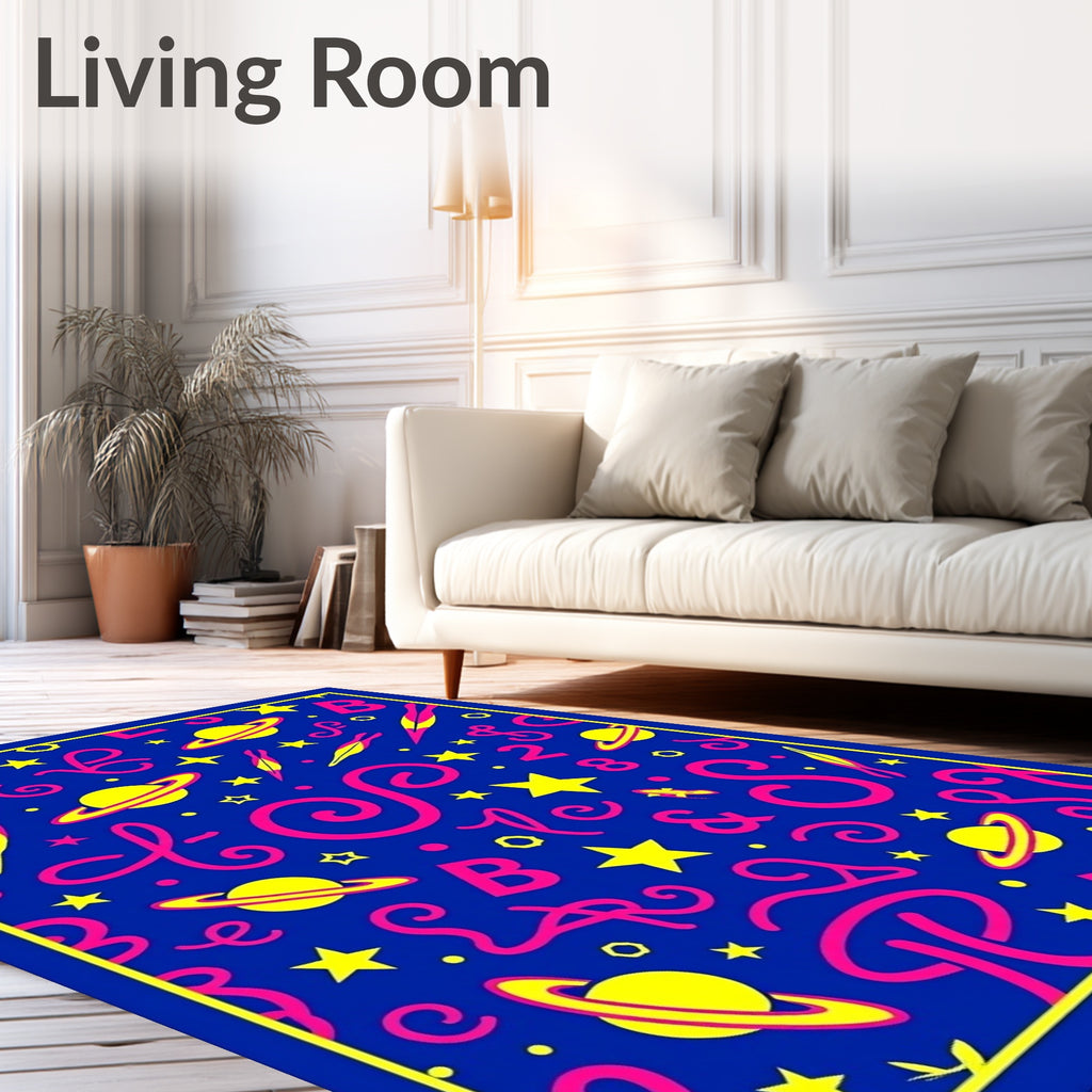Cosmic Blue Pink Yellow Space Adventure Rug