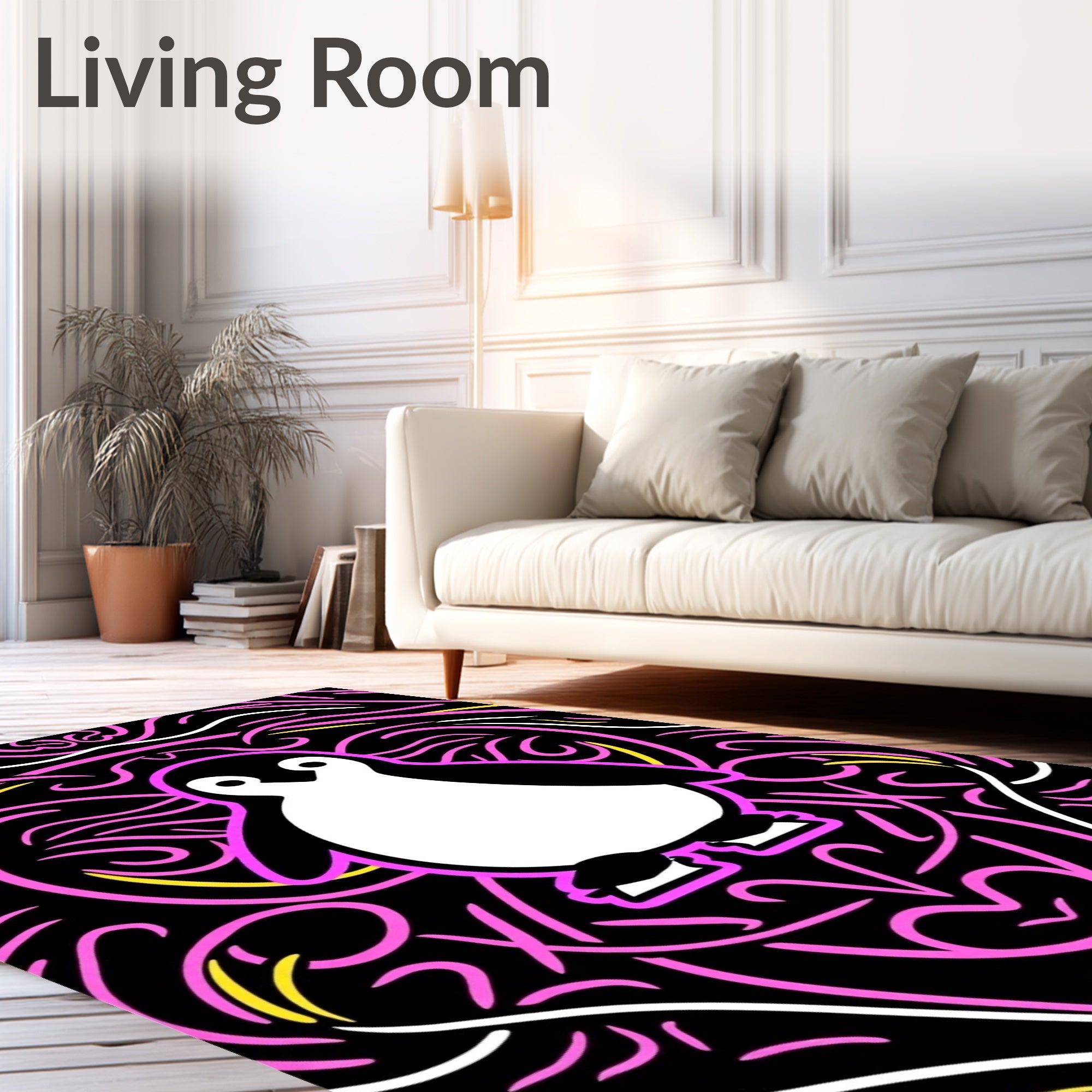 Pink Black White Penguin Swirl Rug