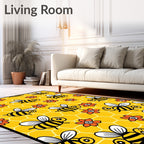 Whimsical Yellow Bee Floral Honeycomb Rug