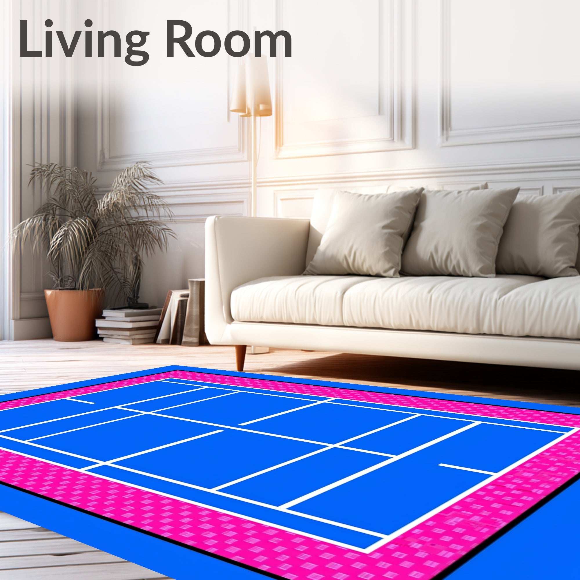 Blue Tennis Court Pink Border Rug