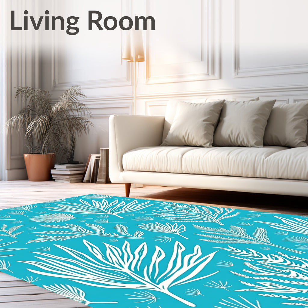 White Tropical Foliage on Teal Rug