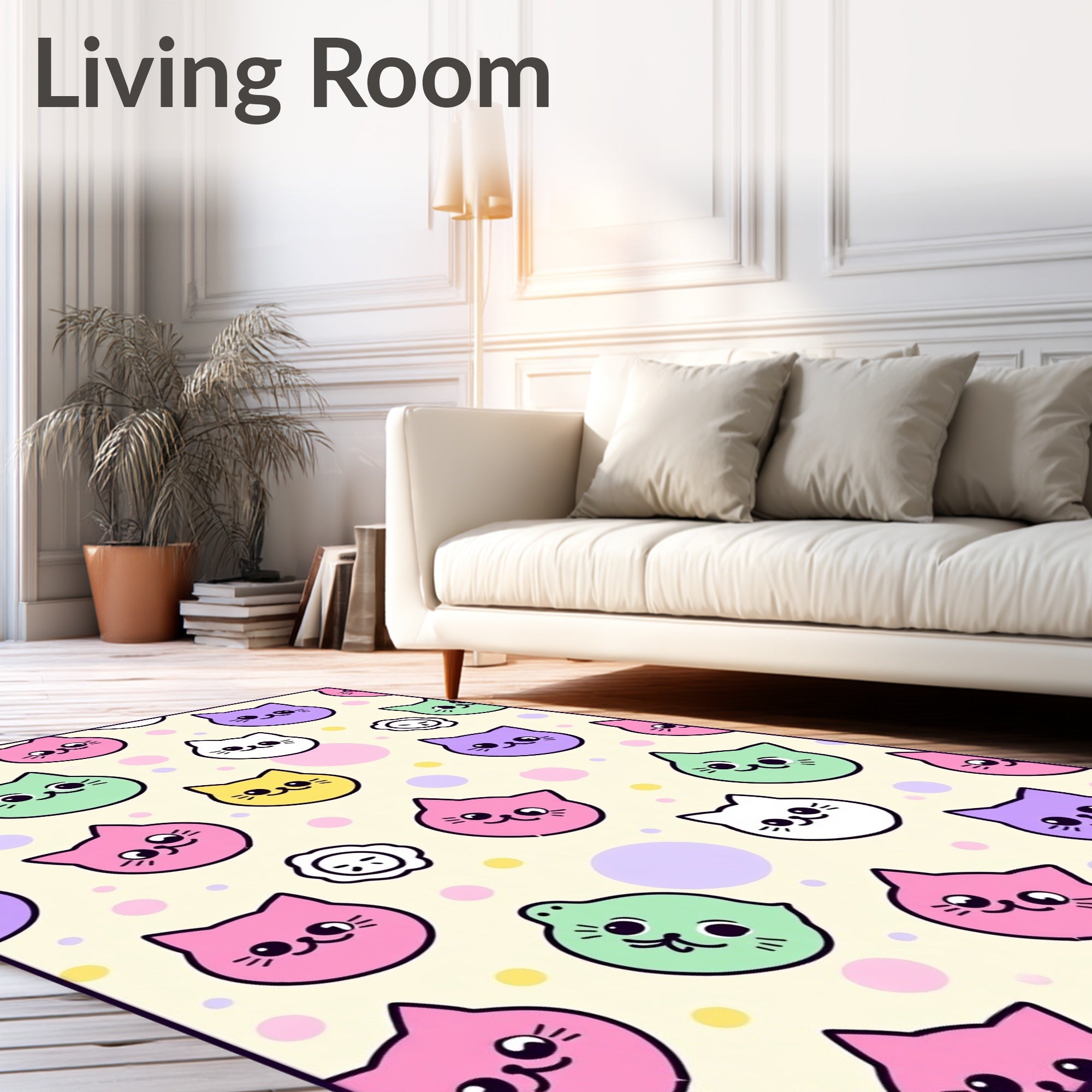 Cute Pastel Kitten Faces Scattered Dots Rug