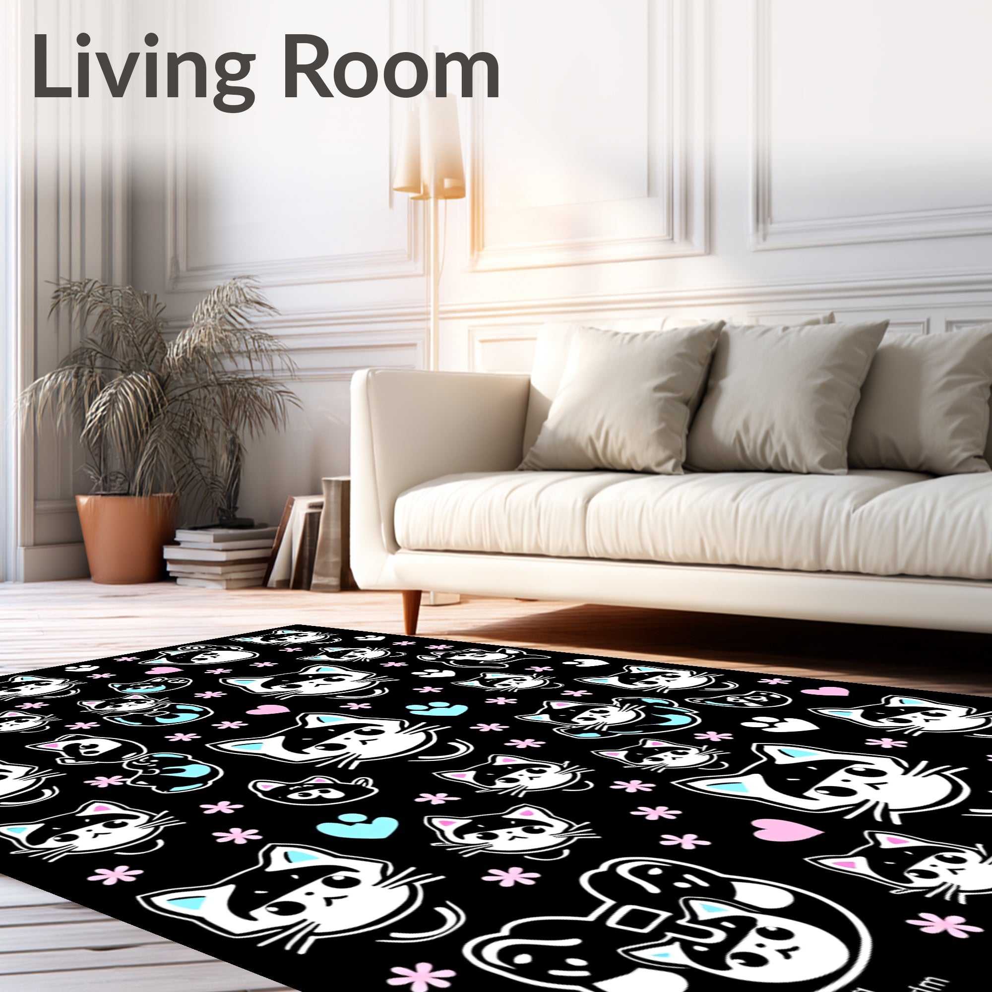 Cute Raccoon Kitten Pastel Flower Rug