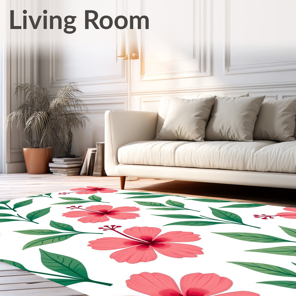 Coral Hibiscus Tropical Foliage Rug