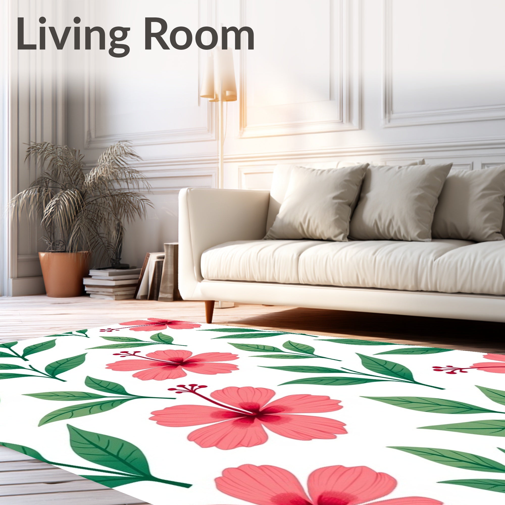 Coral Hibiscus Tropical Foliage Rug