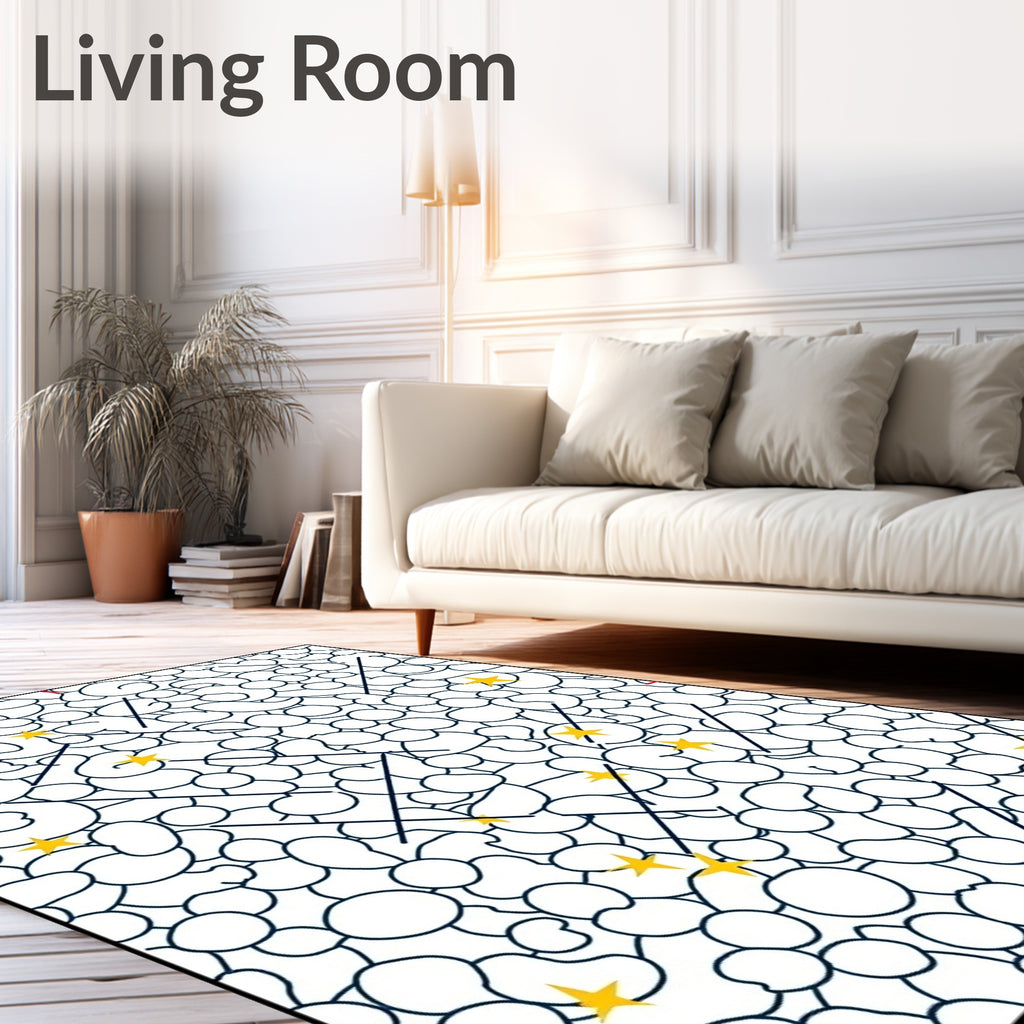 Abstract White Organic Shapes Yellow Stars Rug