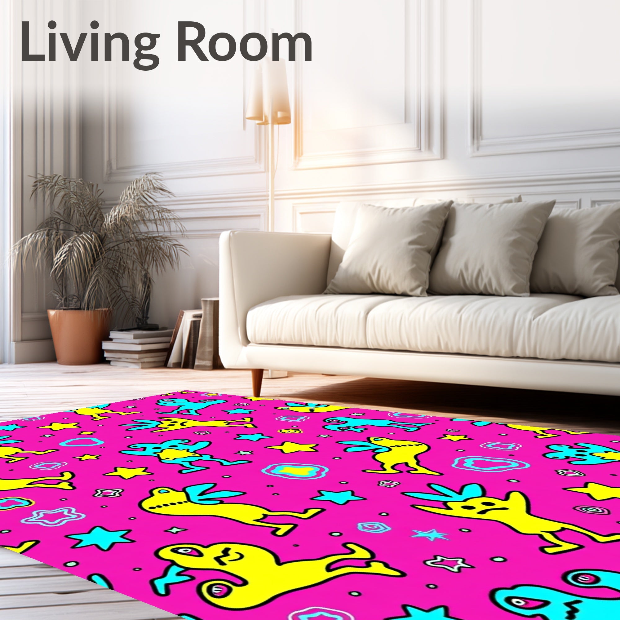 Whimsical Pink Cartoon Creature Stars Rug