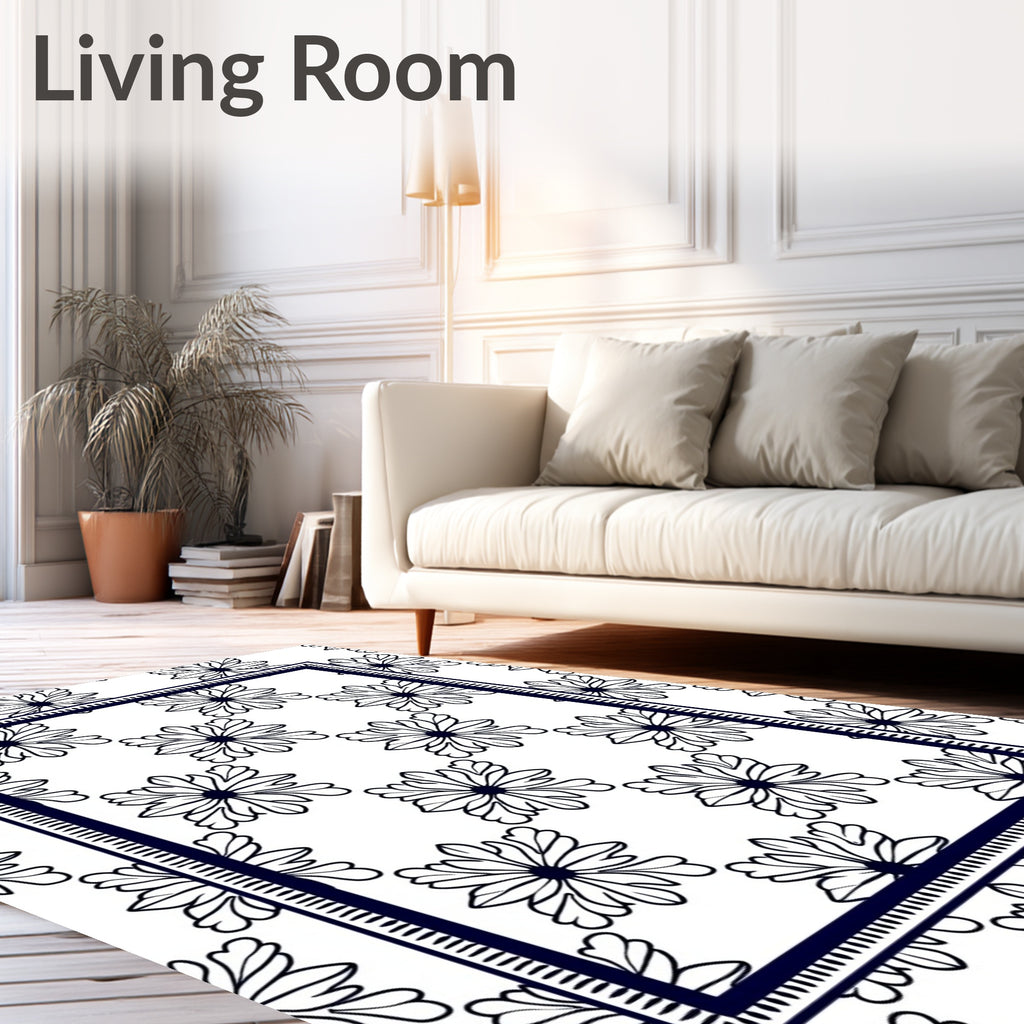 Graphic White Floral Bordered Rug