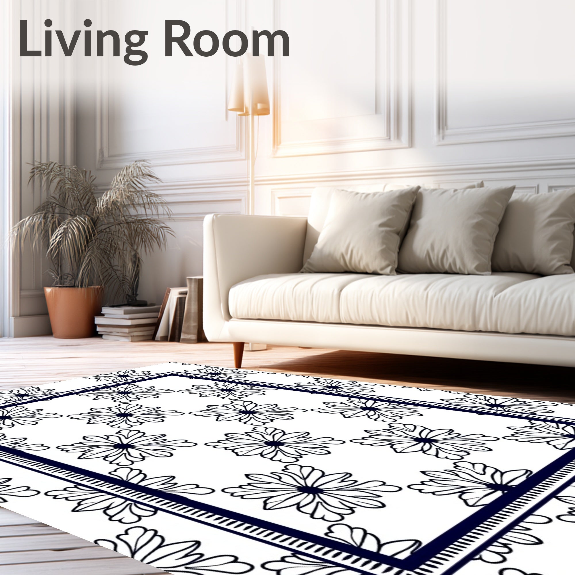 Graphic White Floral Bordered Rug