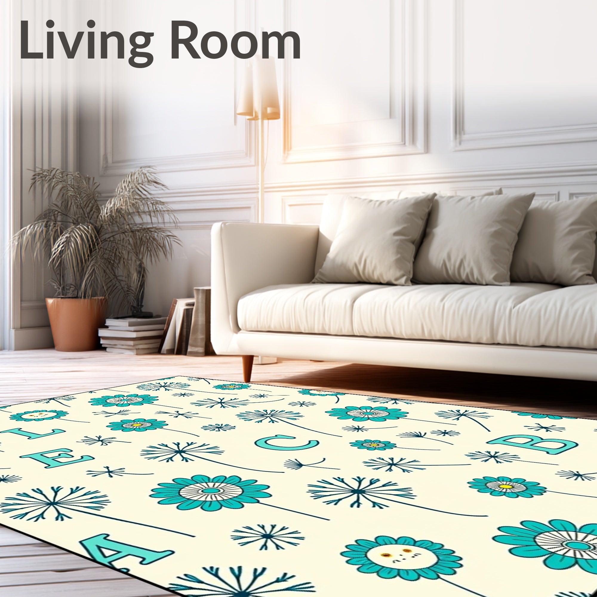 Teal Flowers With Floating Letters Rug