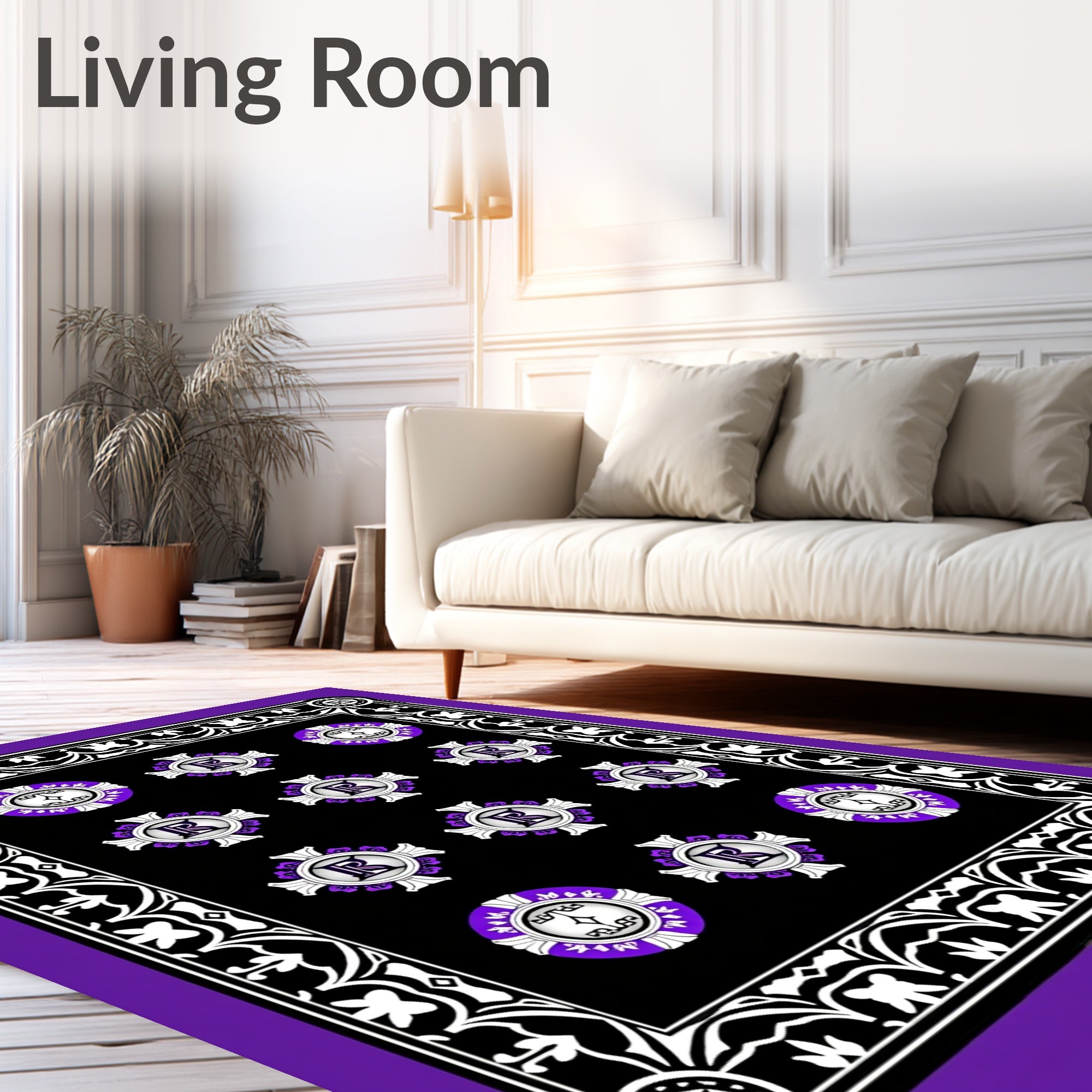 Bold Purple Crest Emblem Black Rug