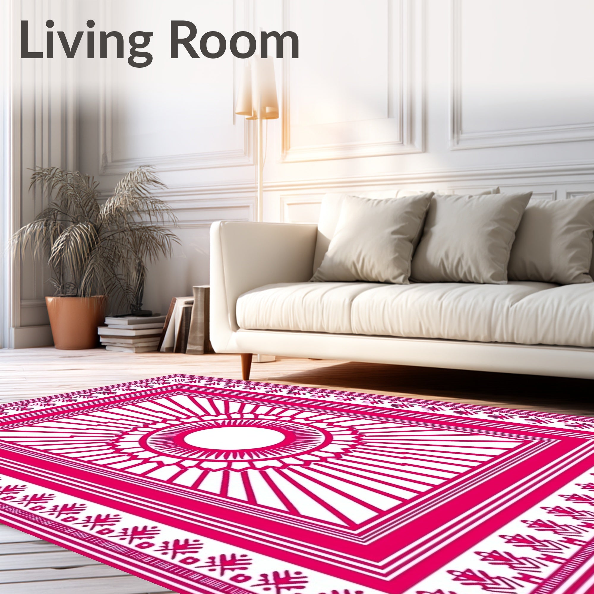 Vivid Magenta Sunburst Geometric Border Rug