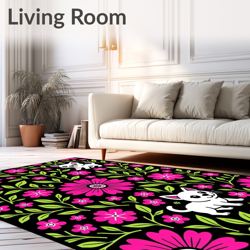 Whimsical Pink Floral Kitten Garden Rug