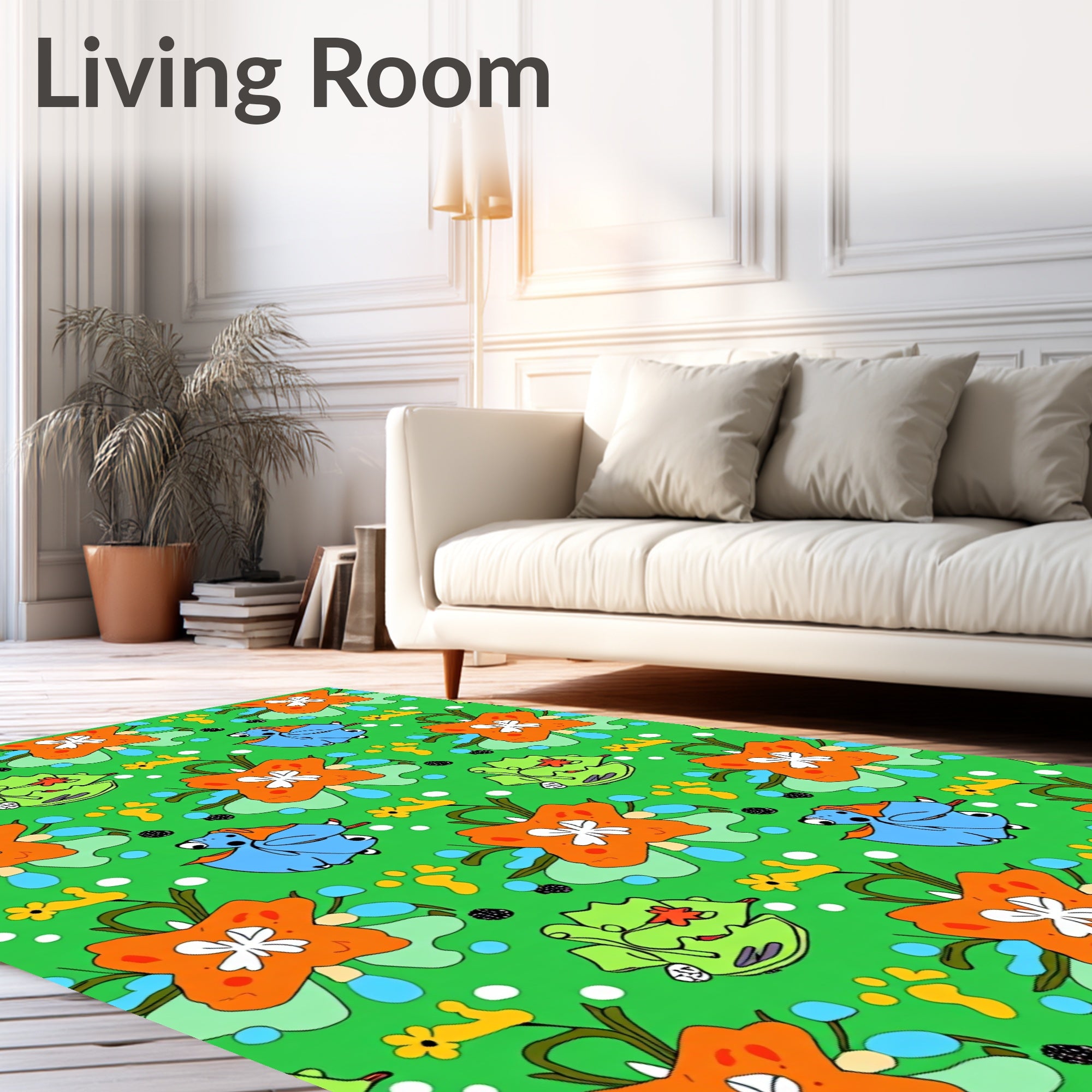 Whimsical Blue Dog Orange Flower Meadow Rug