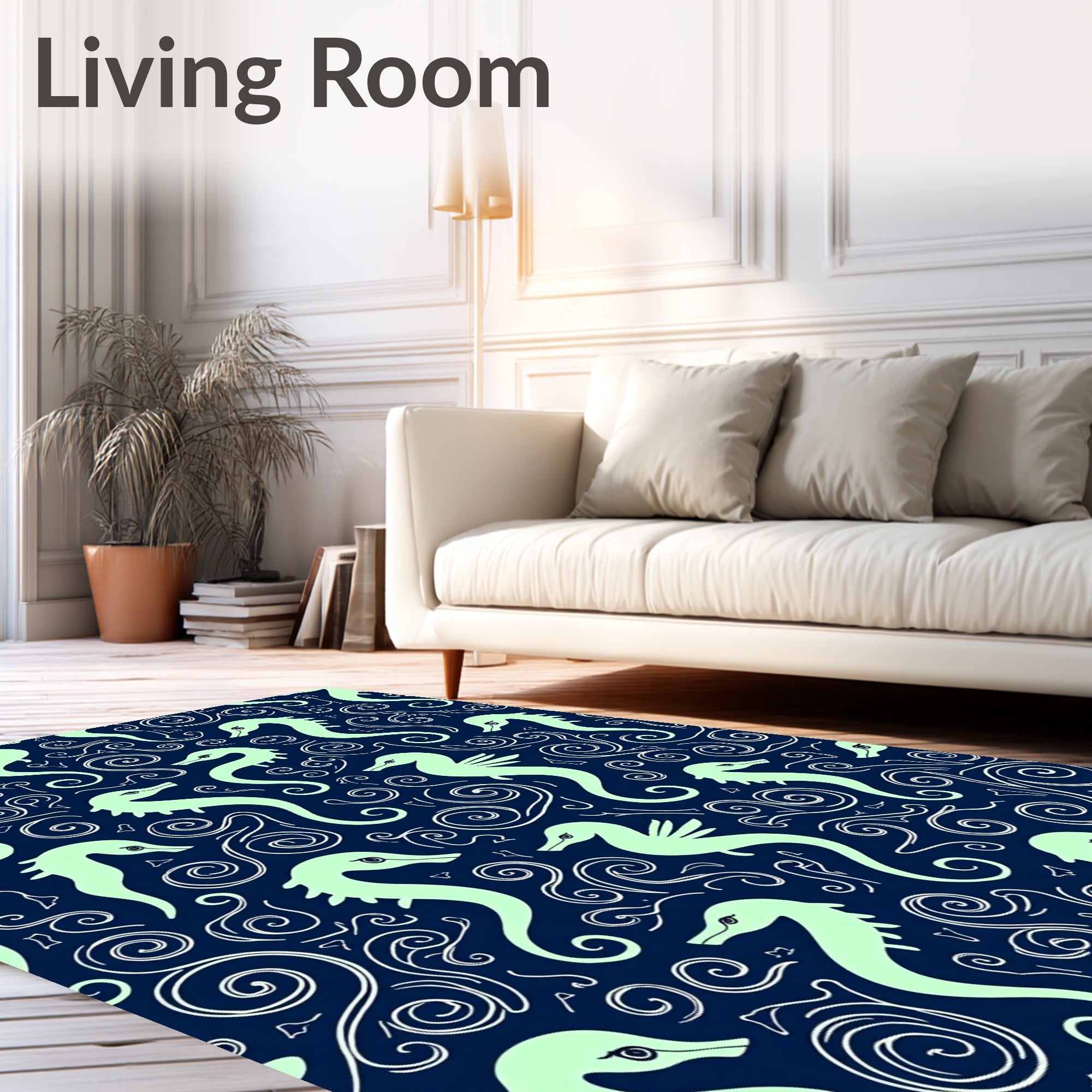 Navy Mint Seahorse Swirl Motif Rug