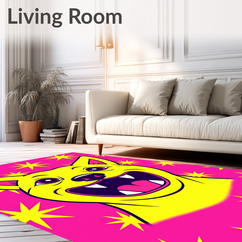 Vibrant Yellow Dog on Pink Starburst Rug
