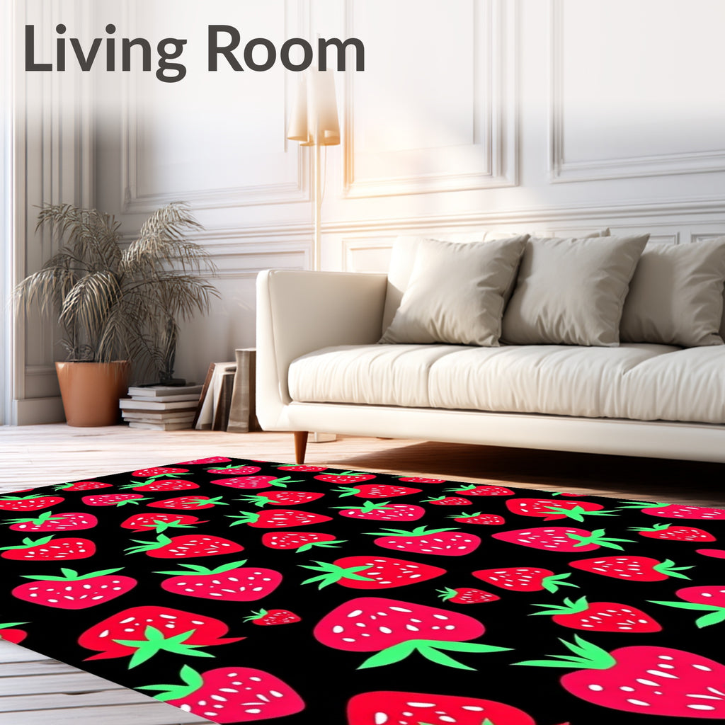 Red Strawberry Patch Black Background Rug