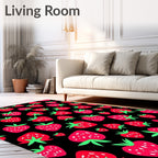 Red Strawberry Patch Black Background Rug
