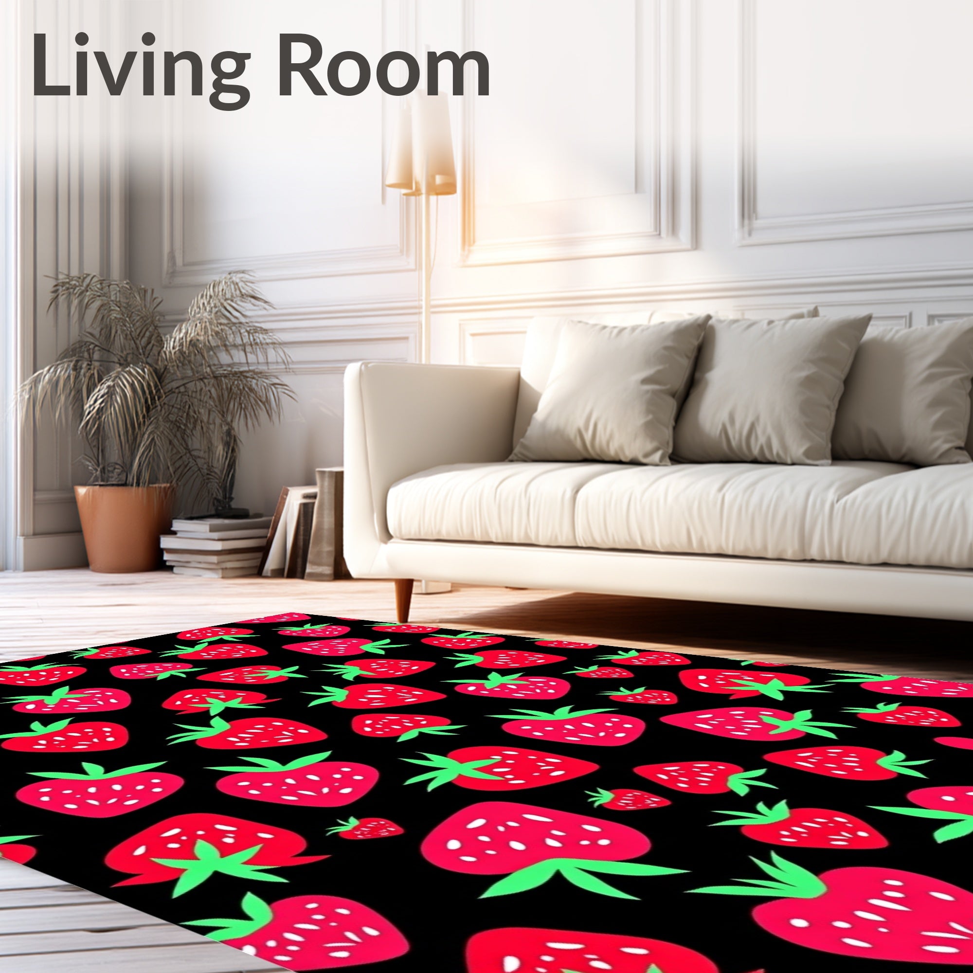 Red Strawberry Patch Black Background Rug