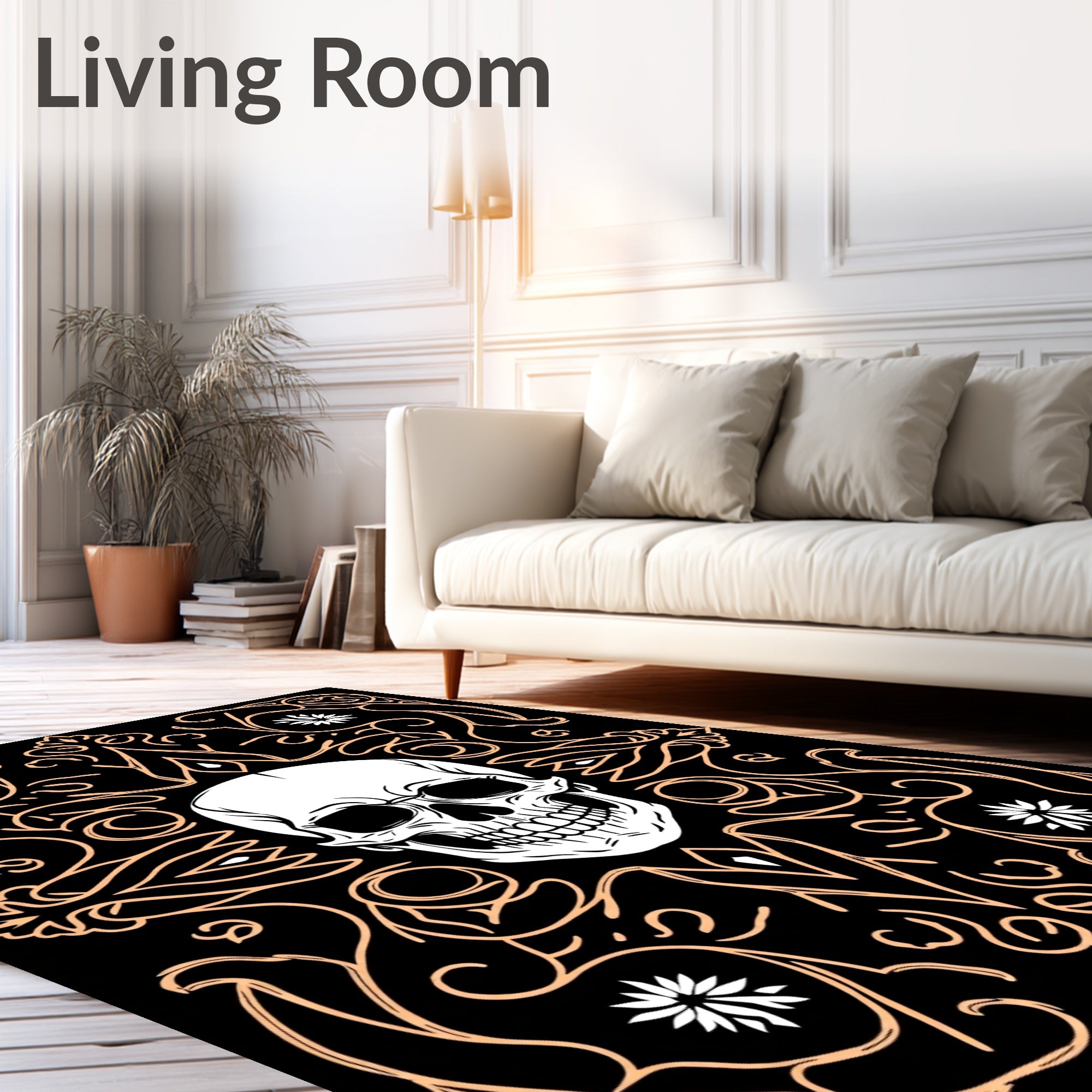 Ornate Skull With White Flowers Accent Rug