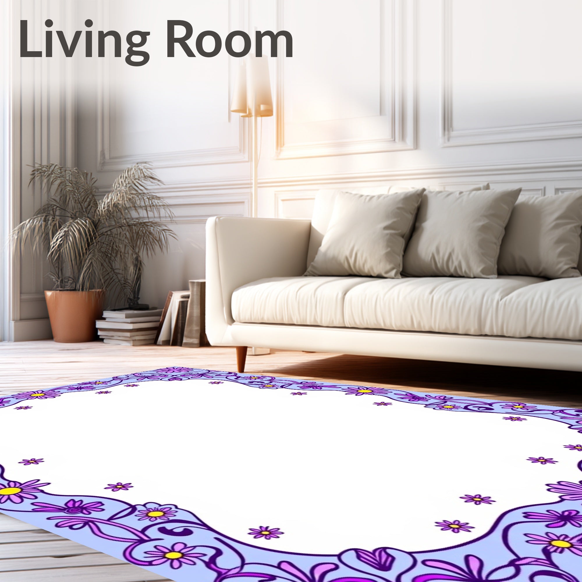 Lavender Purple Daisy Floral Border Rug