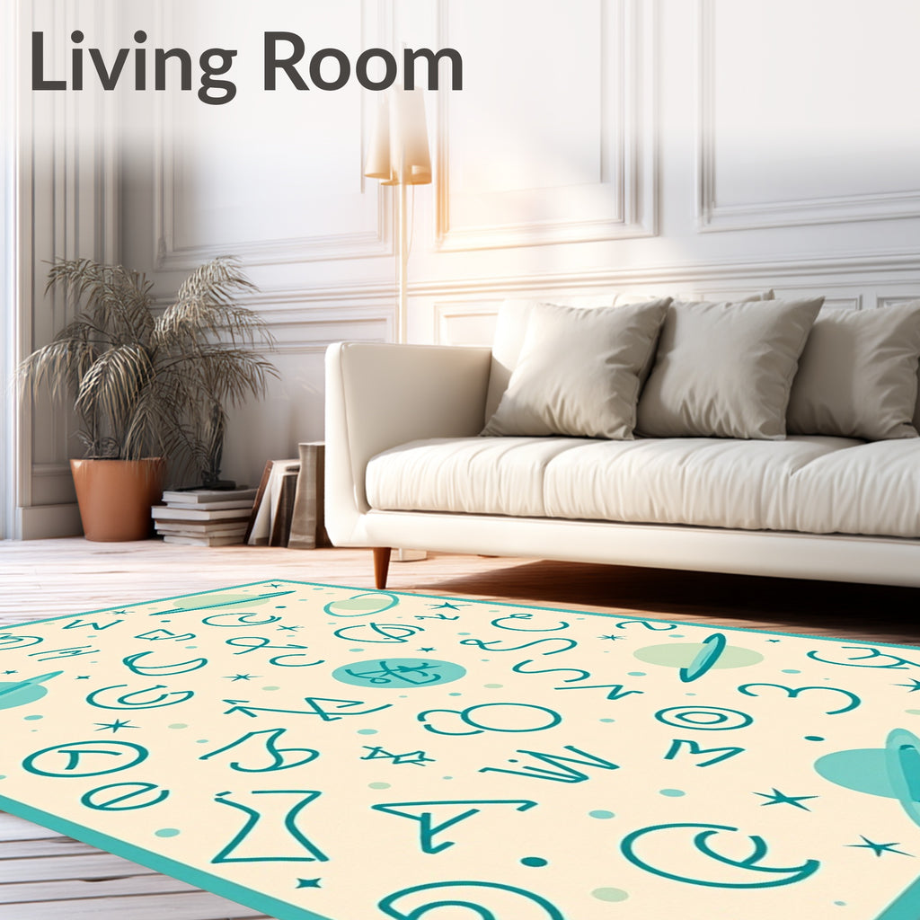 Cosmic Teal Alphabet Planets Rug