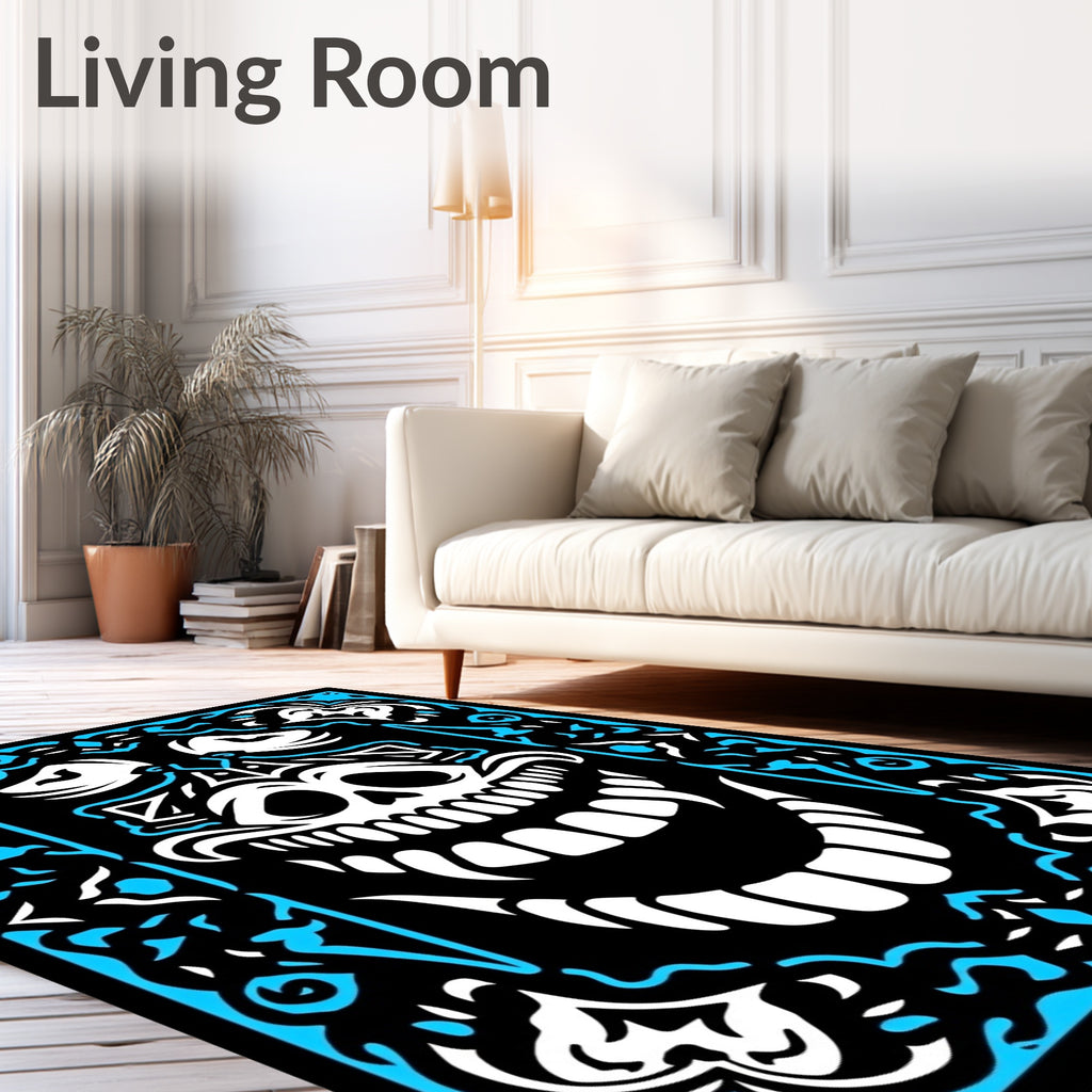Electric Blue Skull Grinning Ornate Border Rug