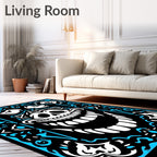 Electric Blue Skull Grinning Ornate Border Rug