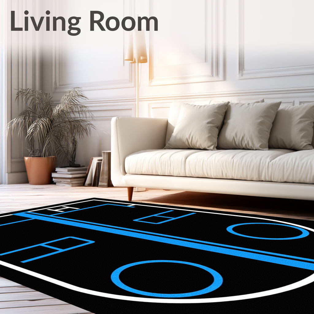 Bold Black Blue Geometric Hockey Rink Rug