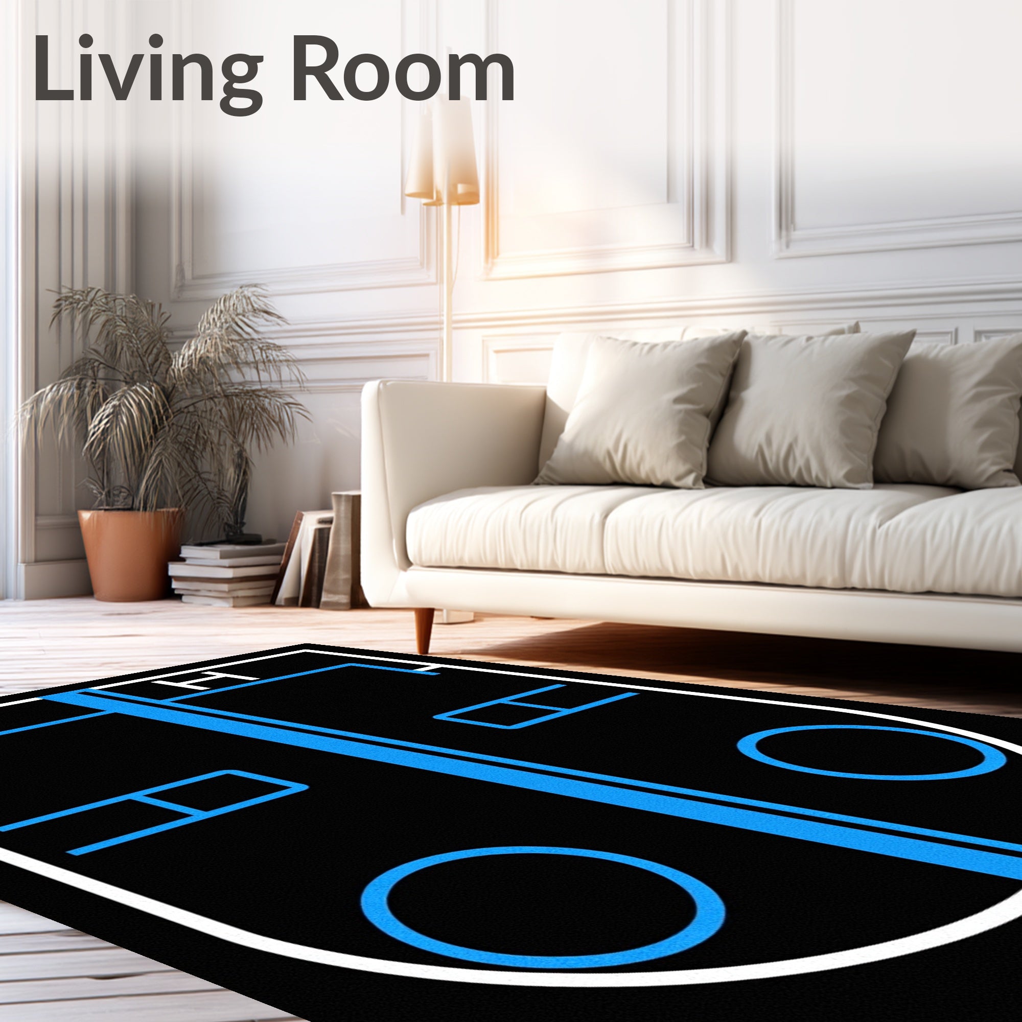 Bold Black Blue Geometric Hockey Rink Rug
