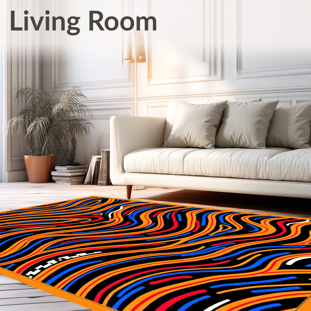 Dynamic Swirls Orange Blue Red Waves Rug