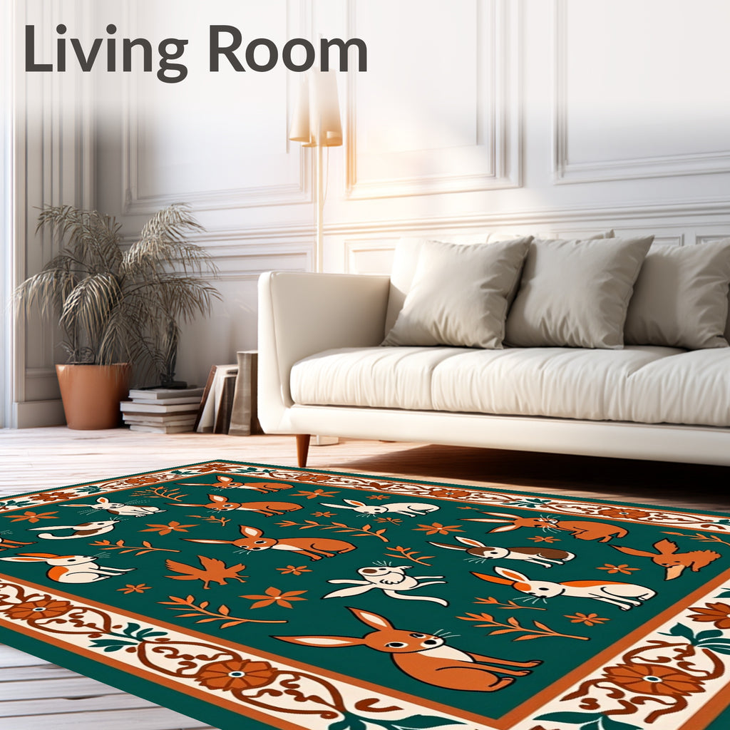 Whimsical Rabbits Emerald Border Rug