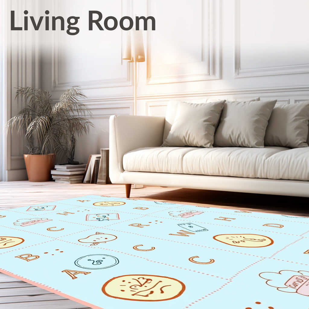 Whimsical Alphabet Collage Light Blue Rug