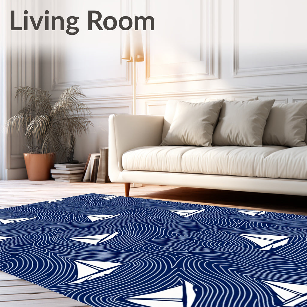 Deep Blue Sailing White Sailboats Rug