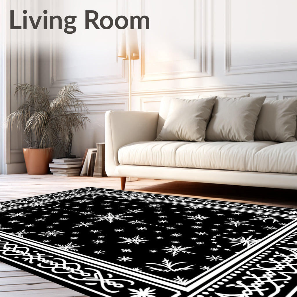 Black White Snowflake Medallion Border Rug