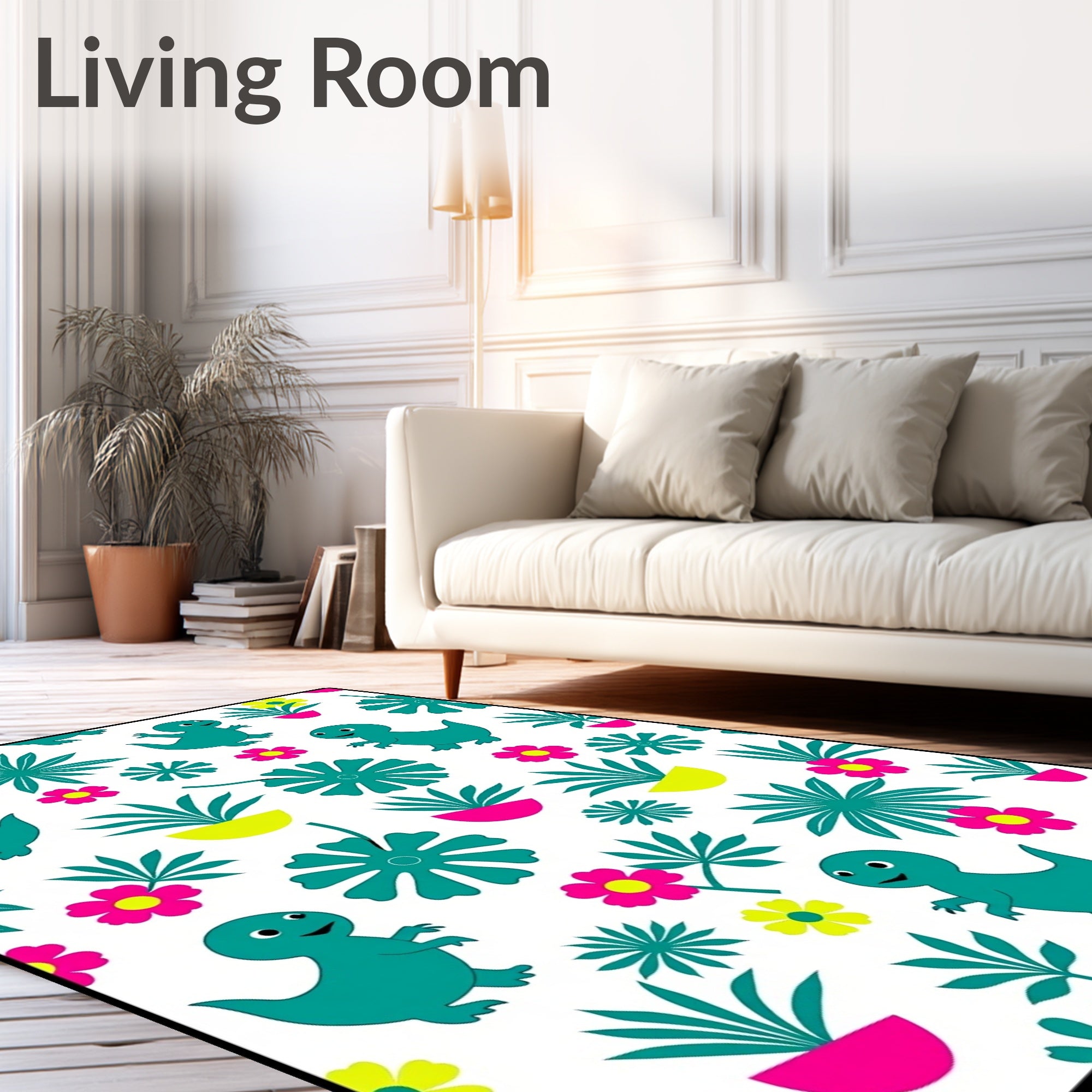 Playful Teal Dinosaur Floral Jungle Rug