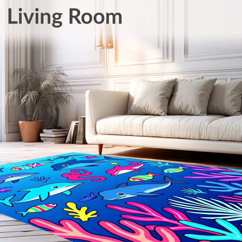 Playful Dolphin Coral Reef Scene Rug