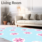 Cute Pink Flower Burst Sky Blue Rug