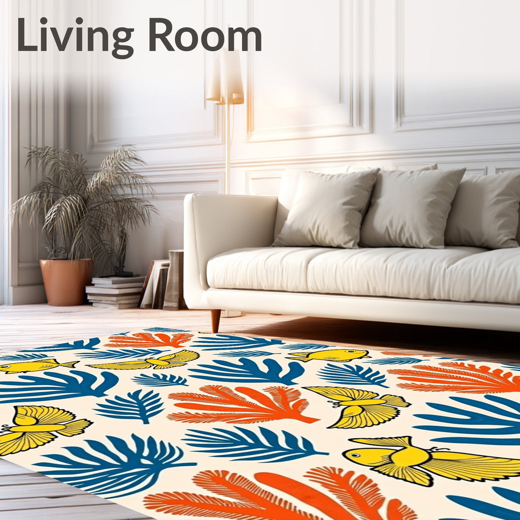 Whimsical Yellow Fish Orange Coral Rug