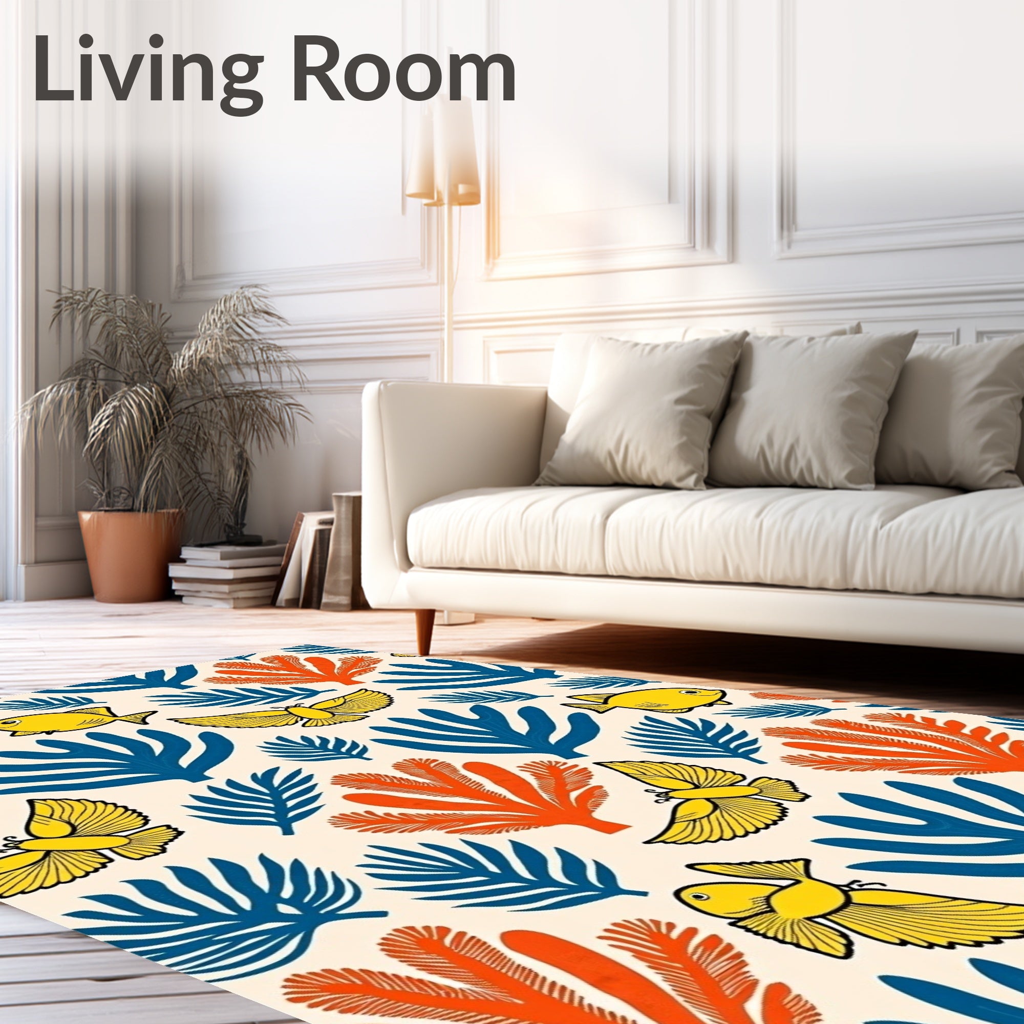 Whimsical Yellow Fish Orange Coral Rug